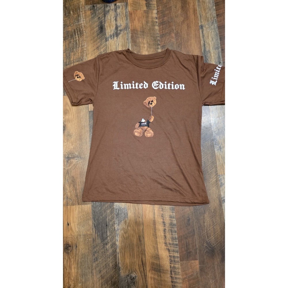 Fresh Laundry Limited Edition Teddy Bear Graphic T-Shirt SzL Brown Black Glitter